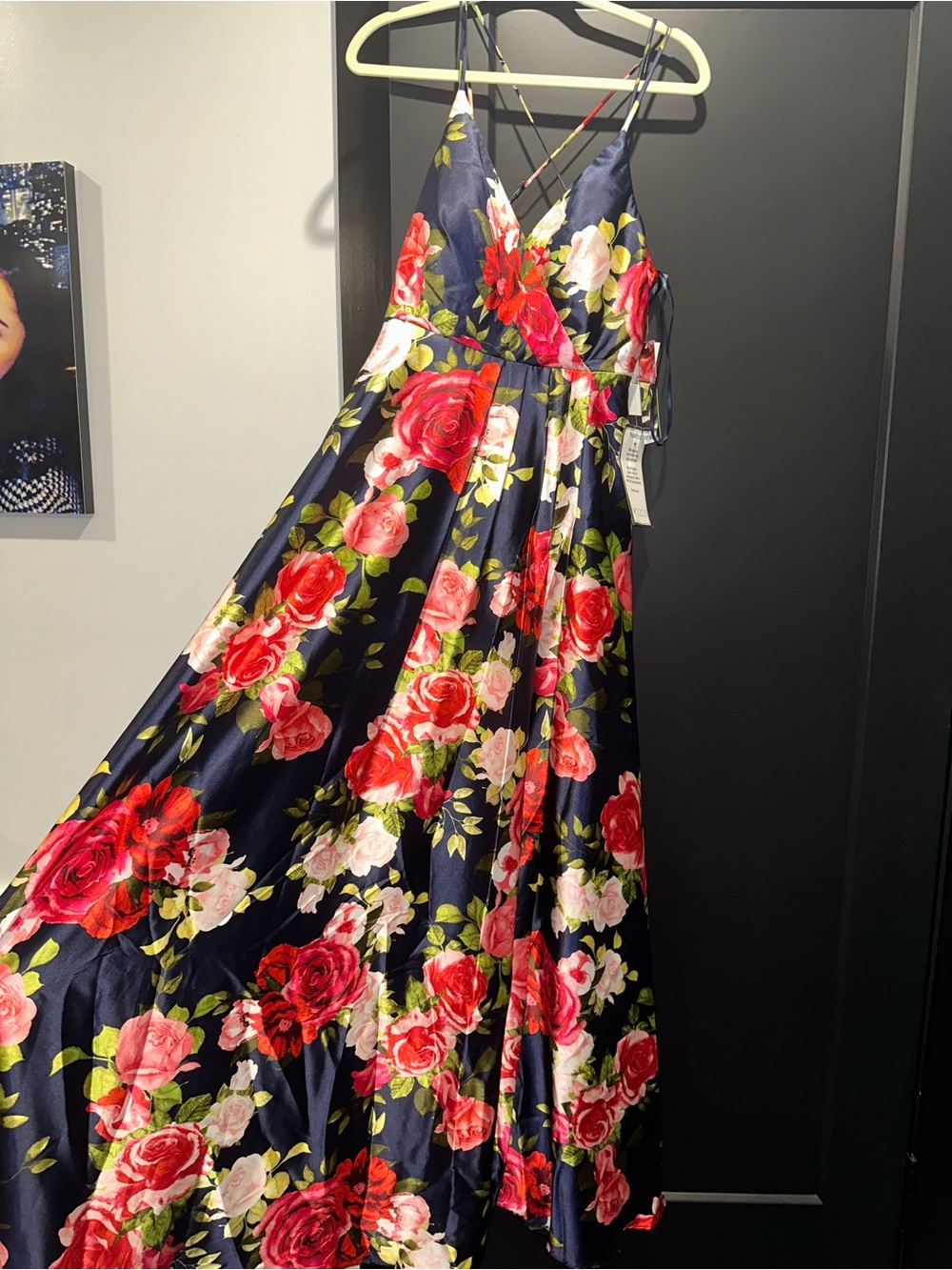 Macy's Navy Floral Dress with Pink and Red Blooms